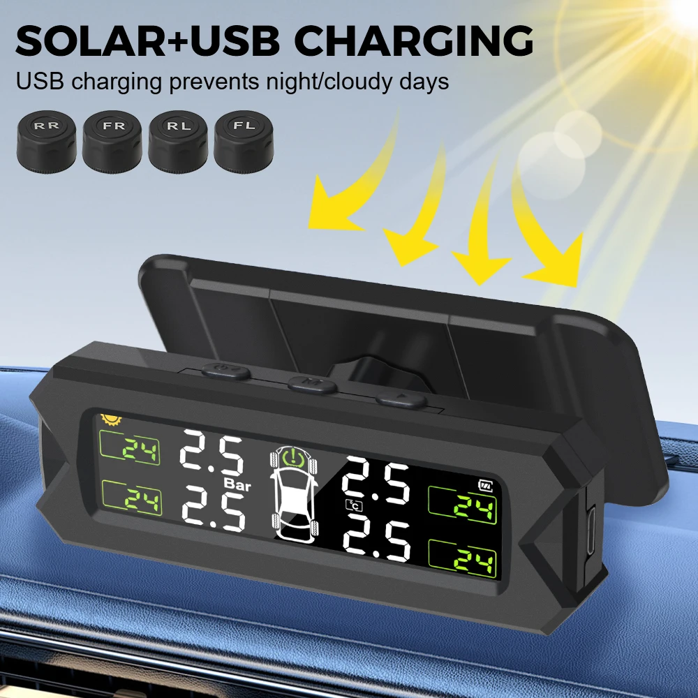 

Tire Pressure Monitoring System Auto Security Alarm Car TPMS Temperature Warning Solar Power