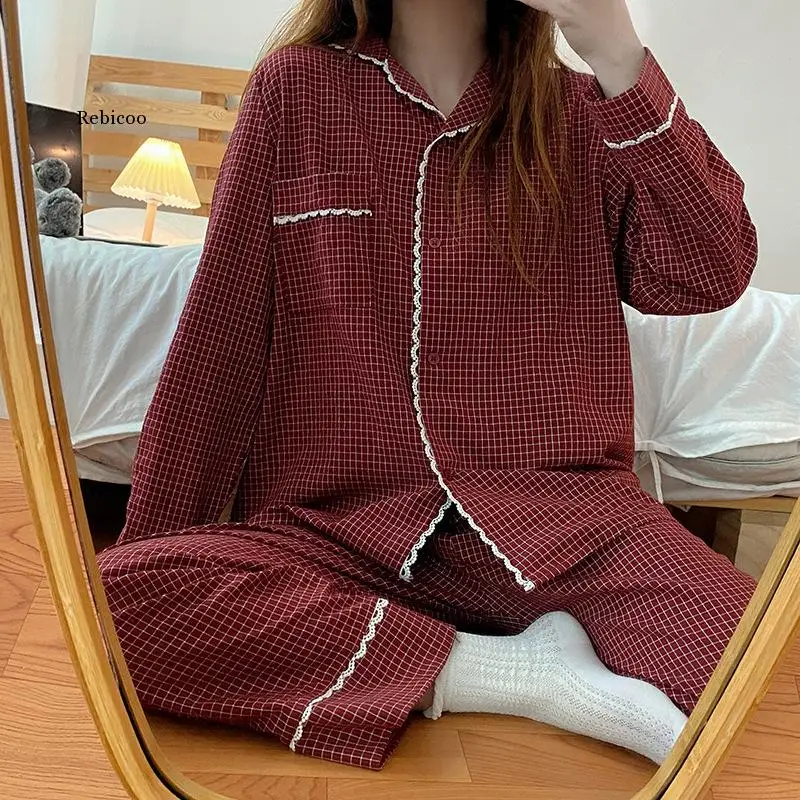 

Spring Summer Fashion Women&#39s Casual Lovely Plaid Sleepwear Nightgow Retro Pajamas Set With Pants Trouser NewYear Soft