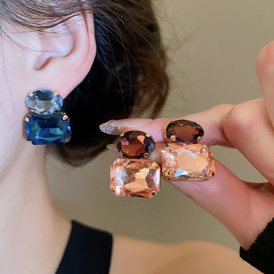 Neue Vintage Blaue Kaffee Quadratische Ovale Strass-Ohrstecker für Damen, Glänzende Kubische Geometrische Ohrstecker für Alltag und Festlichkeiten, Bijoux