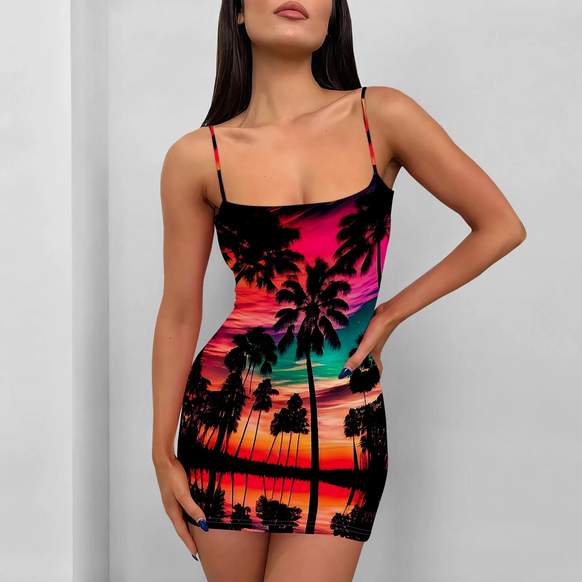 

Sunset Palm Print Mini Dress Women Sexy Spaghetti Strap Bodycon Summer Beach Party Dress 2025