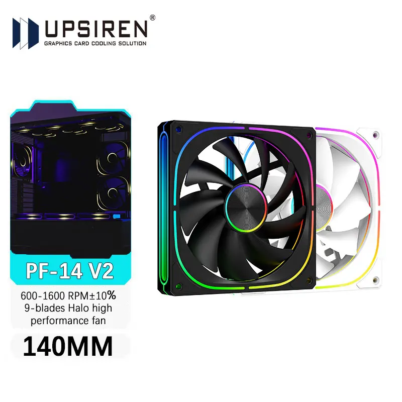 

UPSIREN PF-14 V2 140 мм ARGB Вентилятор для шасси, 600-1600 об/мин, гидравлический подшипник, 5 В-3 контакта, ARGB/4 контакта, ШИМ, 9 лопастей, призменный вентилятор Halo