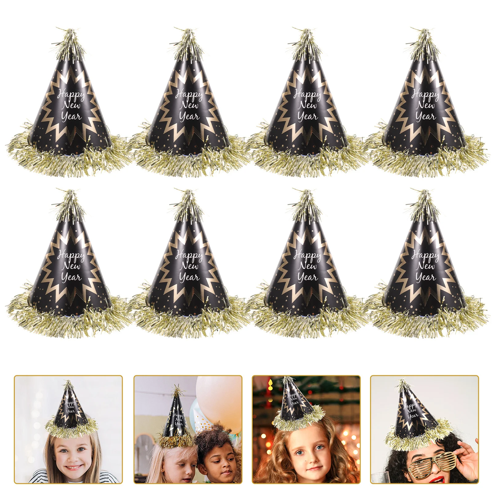 

8Pcs New Year Paper Hats Durable Lightweight Comfortable Wear Black Gold Favors Photography Props 2023