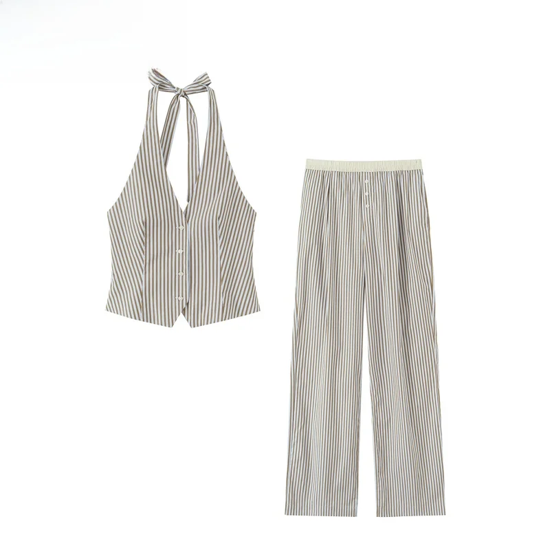 ZBZR Primavera Novo Conjunto F de Duas Peças com Colete t de Pescoço Suspenso e Calças Xadrez Moda Fibra de Pol...