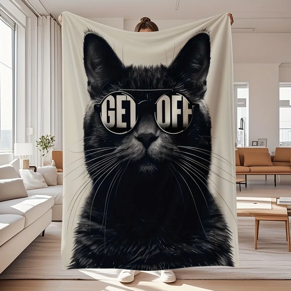 1-teiliges Plüschtier- und Decken-Set, modische coole schwarze Katze mit modischem Brillenmuster, Flanelldecke, weich und bequem, einfach zu bedienen