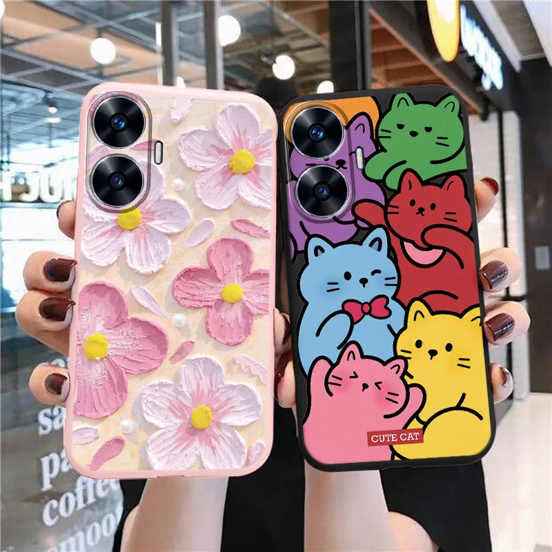 Étuis de téléphone de dessin animé de chat de fleur d'amour de papillon, couverture de Baack pour Realme 12, 13 Pro, C65, C30, C30S, C35, 8i, C25, C25Y, Narzo 50A, 7.5 me, C12