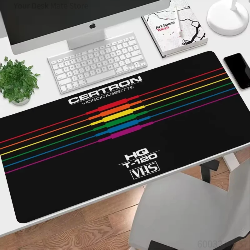 Retro VHS Tape Rainbow Stripe Gaming Mouse Pad Large Extended Desk Mat 80s Nostalgia Non-Slip Base