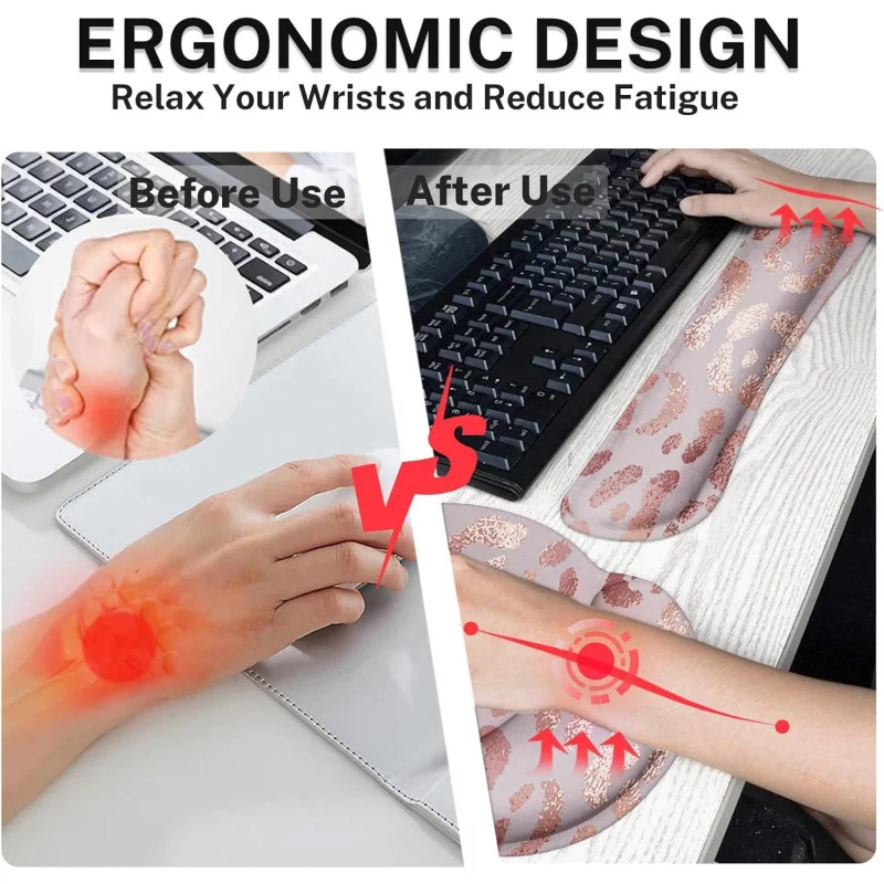 Rose Gold Leopard Pink Desk Mat, Animal Skin Mouse Pad Set with Wrist Support, 4-in-1 Large Mousepad+Keyboard