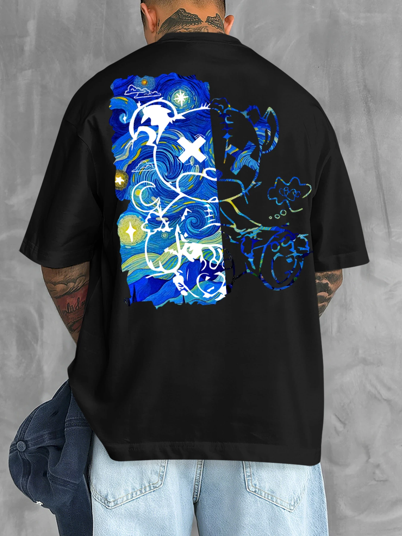 Edgy Van Gogh Style Cartoon Bear Streetwear T-Shirt