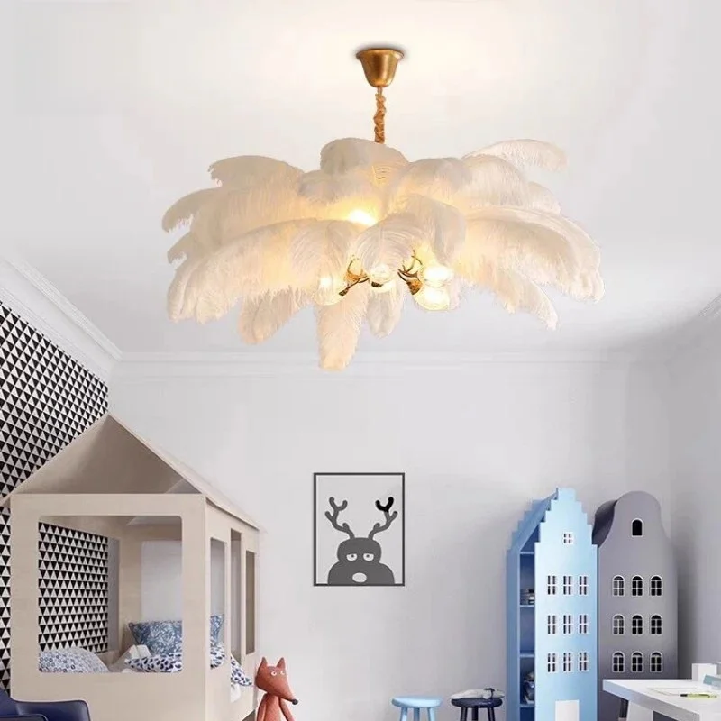 European style luxury white feather chandelier suitable for bedroom, living room, children's room, ostrich feather chandelier