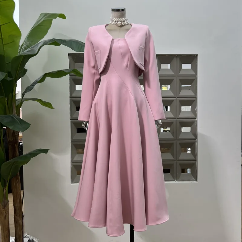 QMQA أزياء المرأة الأنيقة قطعتين مجموعات س الرقبة طويلة الأكمام معطف فوقي ساحة الرقبة أكمام أطقم فساتين 2025 الخريف QM897