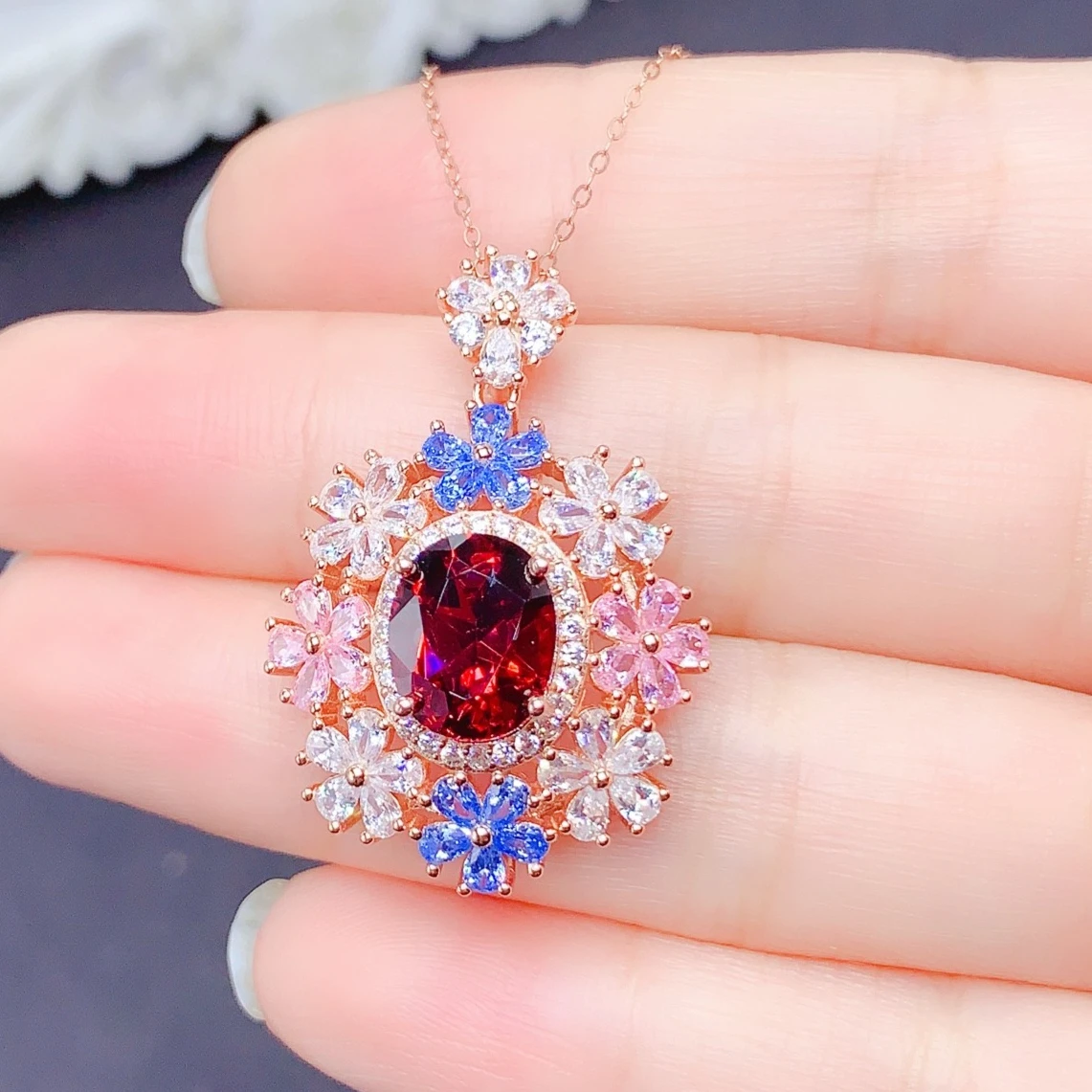 925 Silver Natural Garnet Pendant with Certificate 8x10mm Genuine Garnet Fine Jewelry 18K Gold Plated Silver Gemstone Necklace