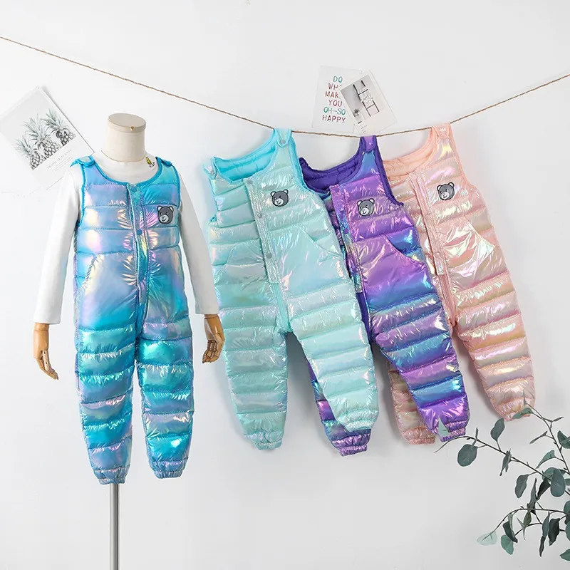 Winter Warm Overalls Pant Smooth Fabric Jumpsuit Girls Boys Thick Down Windproof Snow Cotton Pant New Children Clothes 1-5 Years