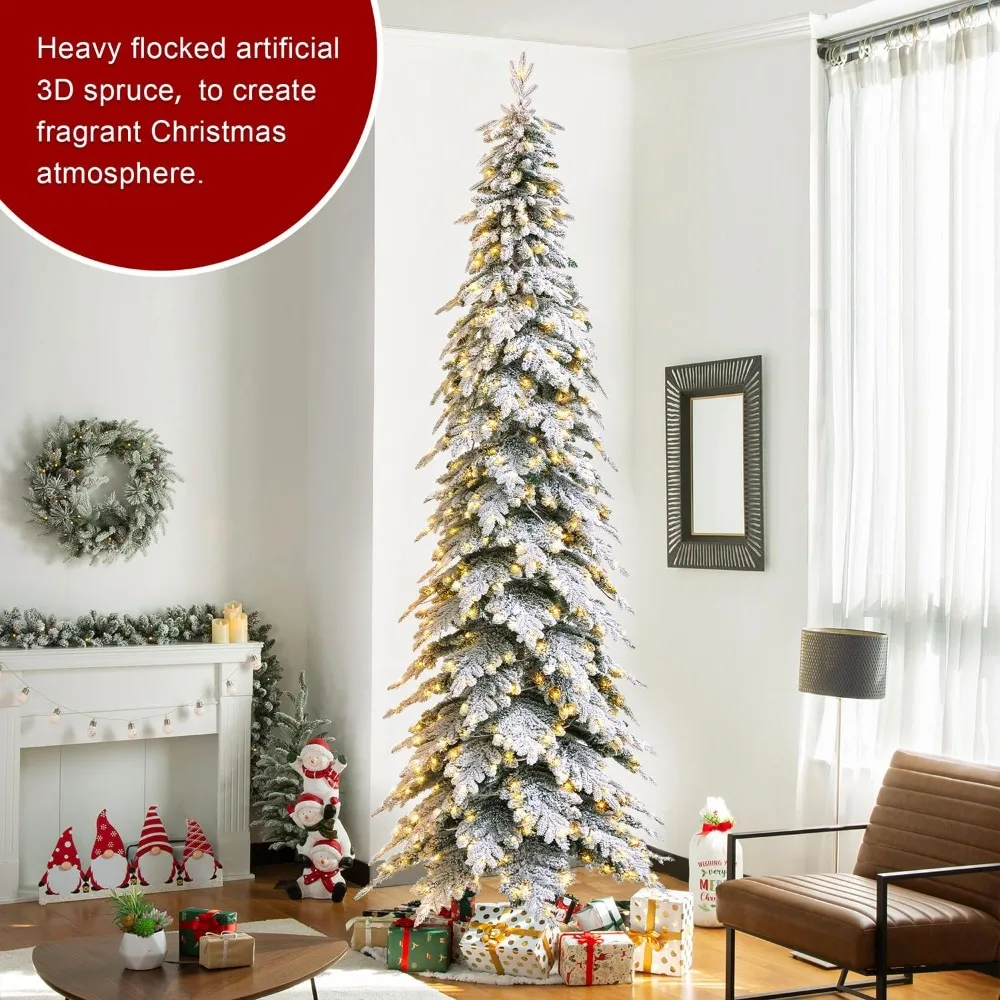 9ft Pre-Lit Snow Flocked Fir Artificial Christmas Tree, Holiday Xmas Tree with 650 Warm White Lights and Sturdy Metal Stand for