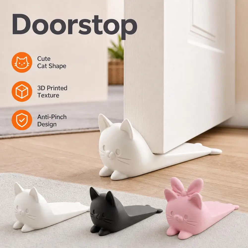 Cute Cat Door Stopper Non-Slip Heavy-Duty Anti-Slam Wedge Plastic Floor Guard for Household Doors Anti-Collision Door Stopper