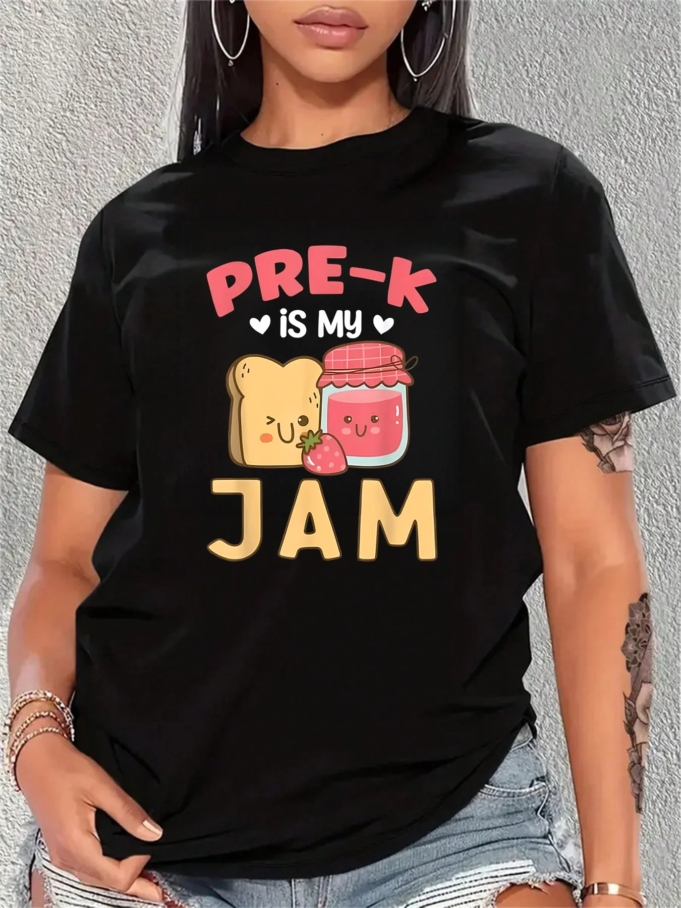 Camiseta divertida Pre K Is My Jam para el regreso a clases, con estampado gráfico divertido de personajes de mermelada y fresa, camiseta negra de corte relajado con cuello redondo para padres y profesores de preescolar, lavable a máquina, camiseta gráfica unisex informal de gran tamaño