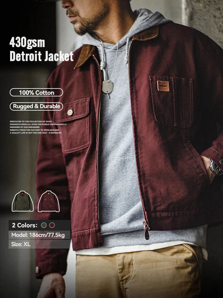 Maden Men's  Retro Corduroy Collar Heavyweight Detroit Jacket Canvas Hunting Short Zip-Up Jacket with Pockets Autumn Overcoat To