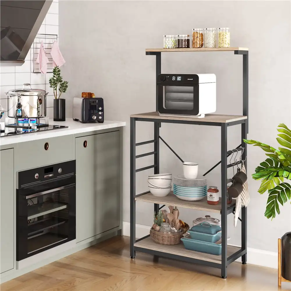 Modern 4-Tier Kitchen Cart Bakers Rack with Side Hooks