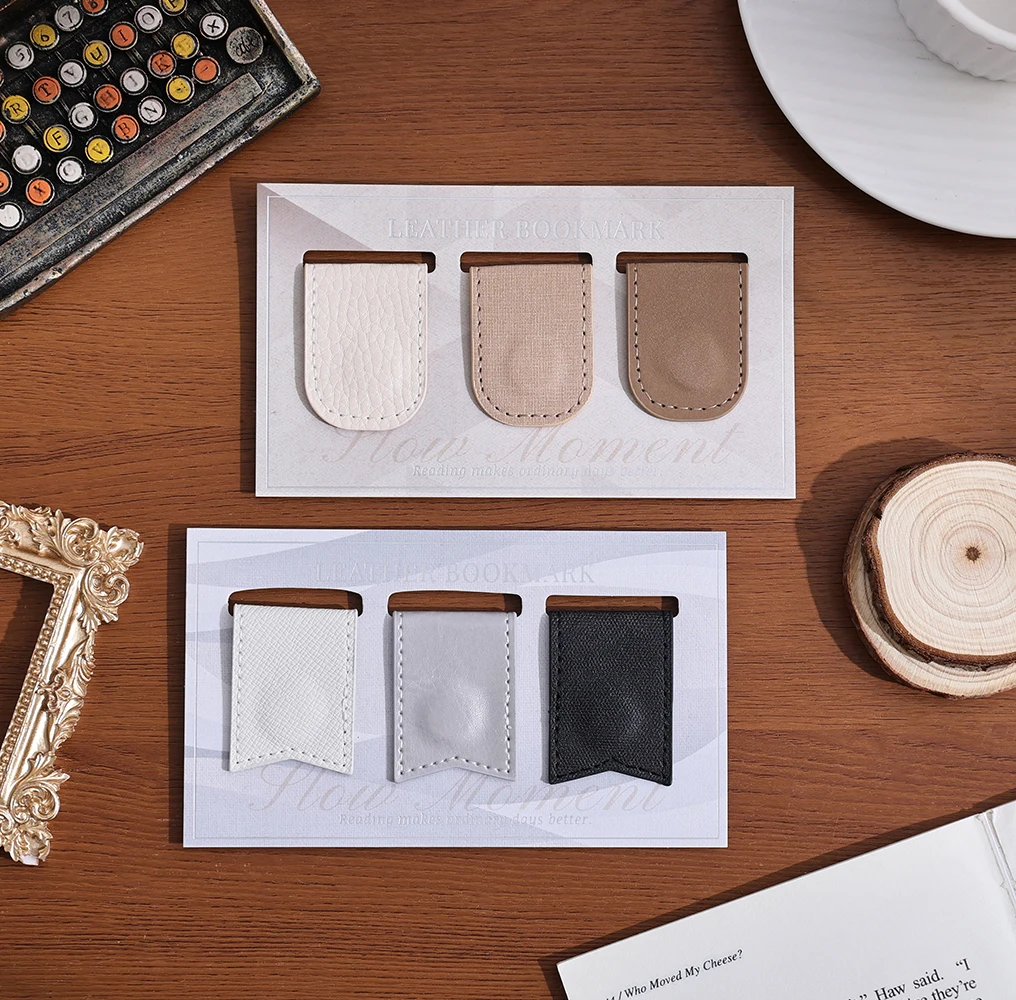 3 Pcs Magnetic Leather Bookmarks Solid Color Set with Strong Clasps For Book Lovers Readers Elegant Planner Accessories