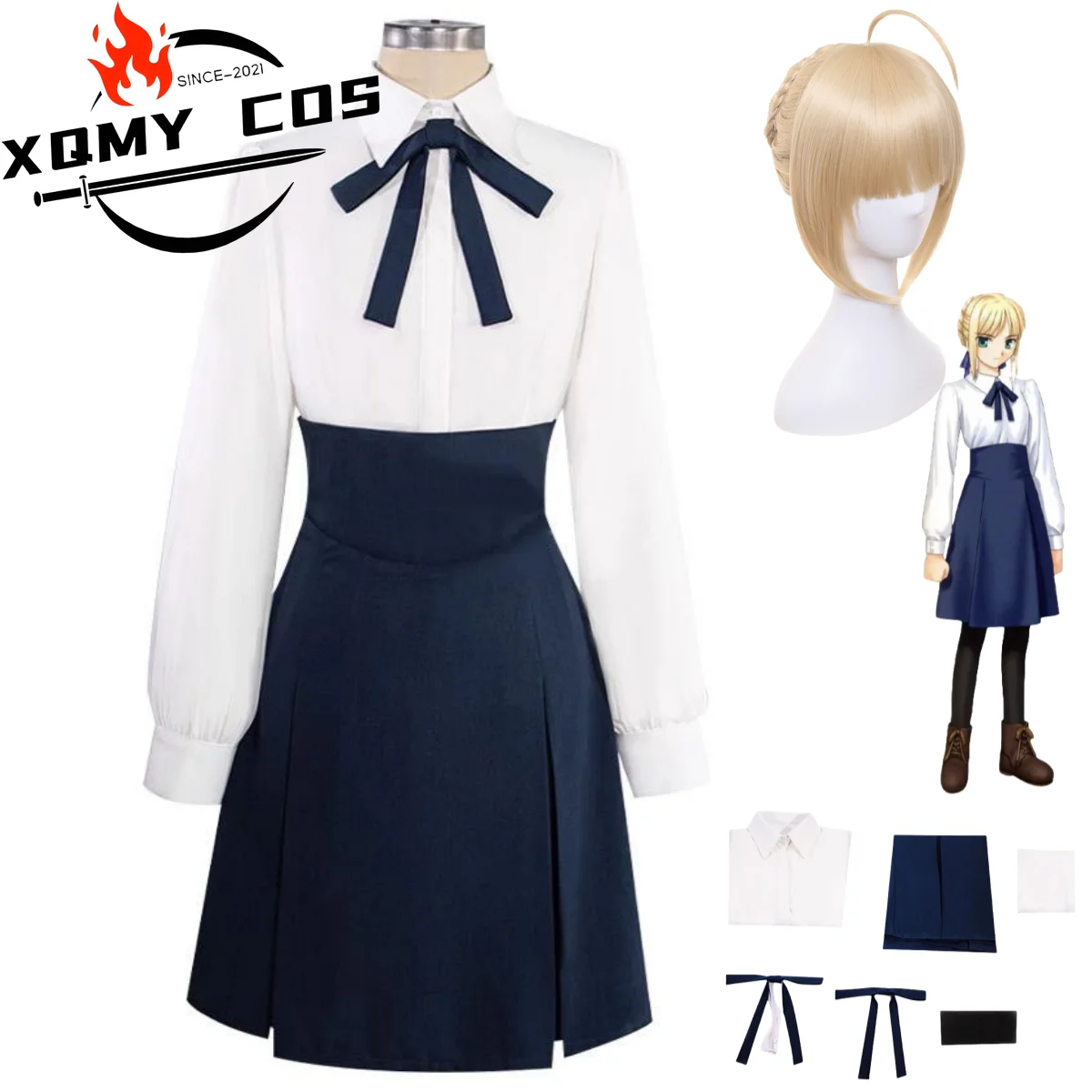 

XqAnime Game Fate/stay Night Altria Pendragon Cosplay Costume Saber White Shirt Skirt Wig Woman Sexy Halloween Carnival Suit