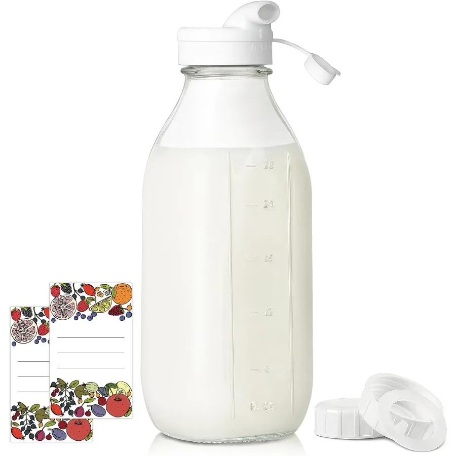 

Syntic Square Liter Glass Milk Bottles with tight Lid - 100% Leak-Proof Heavy Duty Screw Cap 32 Oz Glass Juice Bottles w Scale