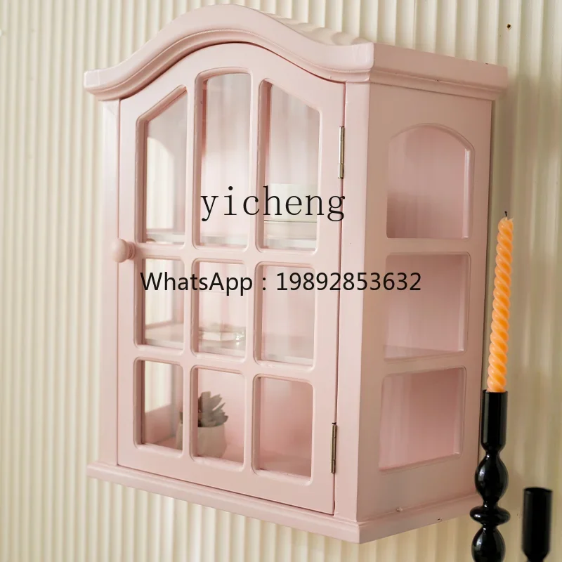 u118 retro wall pink wall cabinet multi-grid wall storage with door living room kitchen hanging cabinet