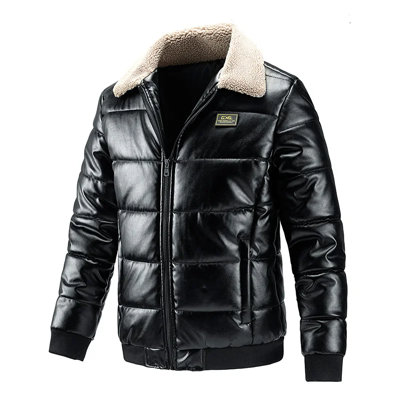 

Lamb Collar Mens Cotton Jacket Short PU Leather Parka Thick Warm Winter Coat Trendy Slim Fit Leather Style Outerwear