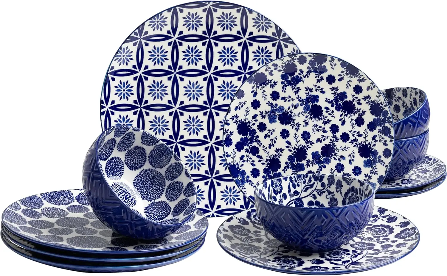 

12-Piece Modern Porcelain Dinnerware Set for 4, Blue and White Ceramic Plates and Bowls