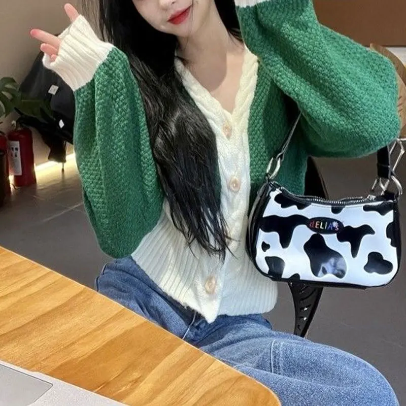 Vintage Contrasting Colors Knitted Cardigan Autumn Winter Hong Kong Style Women\'s Clothing Casual V-Neck Slim Patchwork Sweaters