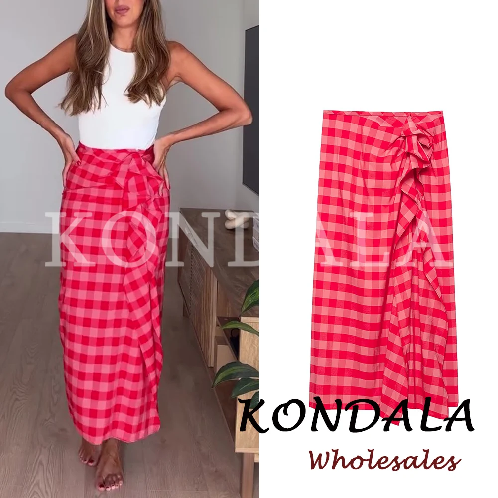 KONDALA Chic Streetwear Red Plaid Asymmetric Summer Skirt Fashion 2026 Tiered Modern Skirt High Street Y2K Club Party Y2K Skirts
