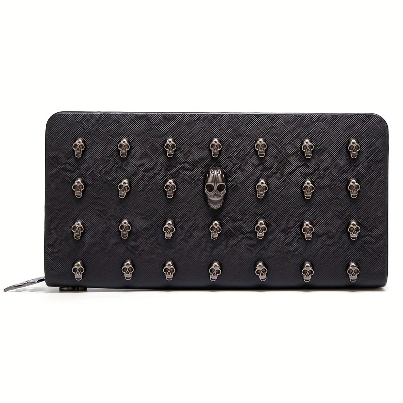 Portafoglio da donna con teschio in metallo alla moda, pochette lunga Punk, portafogli da donna di grande capacità, custodia per cellulare con porta