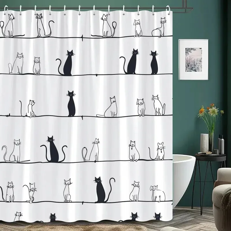 

ZYJ01Cartoon Cat Shower Curtain Black and White Line Cat Colourful Footprints Polyester Fabric Home Shower Curtains Bathroom7Dc
