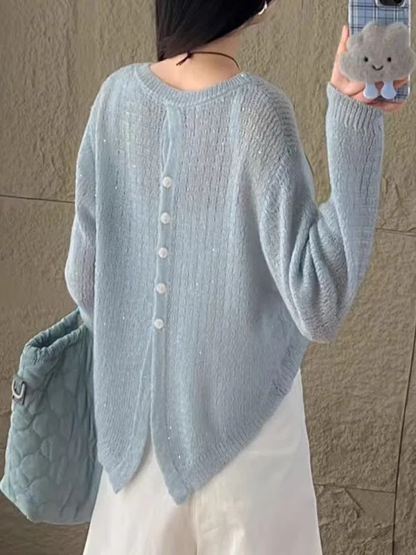 Spring 2026 Women's Short Knitted Sweater Thin Shiny Thread Hollow out Design Back Button Cardigan Long Sleeve Casual Style