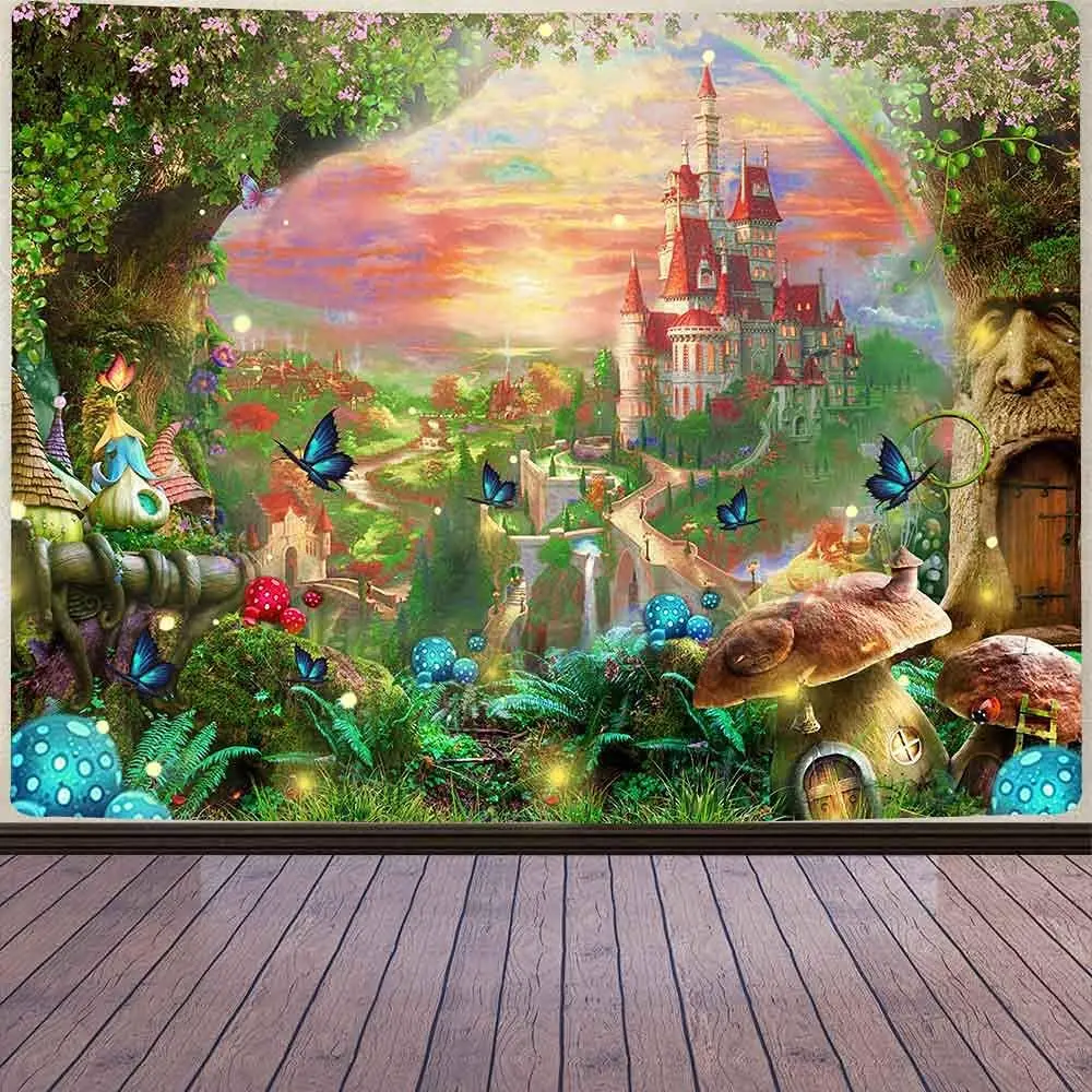 Fantasy Castle Tapestry Fairyland Forest Mushroom Wall Hanging Elven Kingdom Elf Tree House Landscape Flannel Large Tapestries
