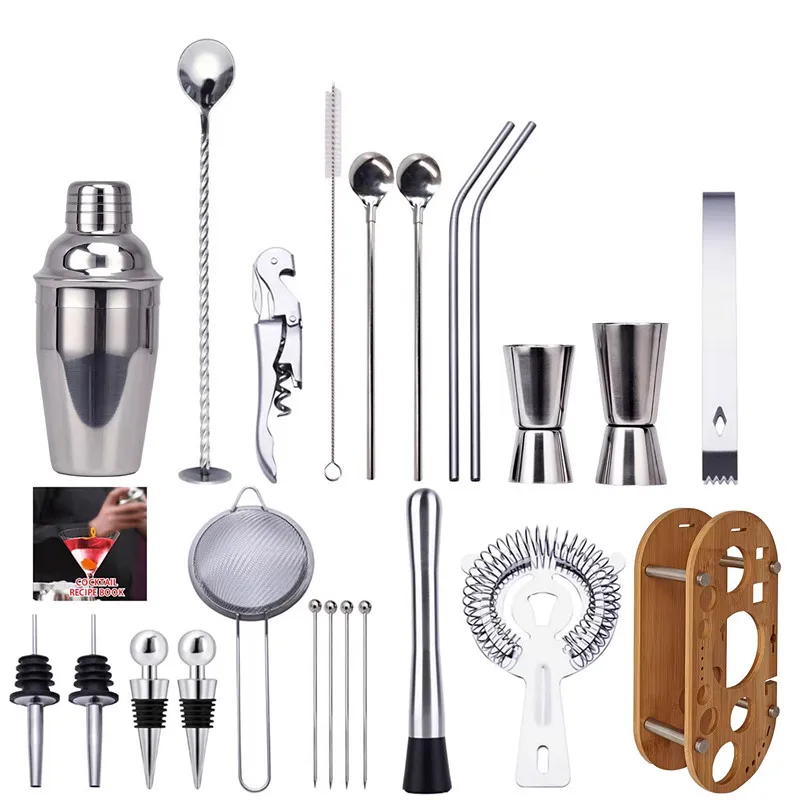 23-Piece Stainless Steel Cocktail Shaker Set with Detachable Oval Bamboo Stand Bartender Kit Home Bar Tools Perfect Gift Set