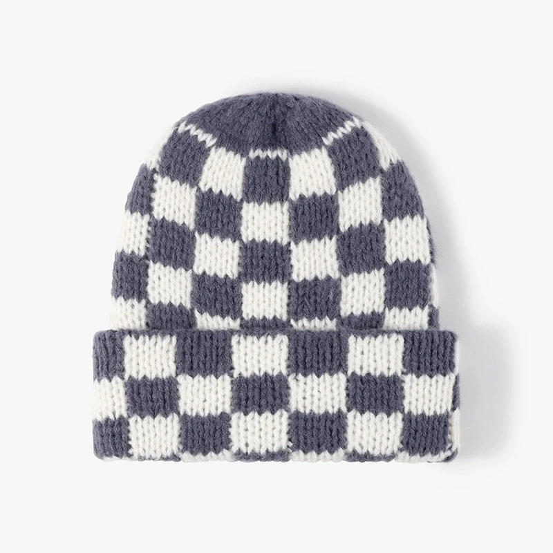 Schachbrett-Strickmütze, Herbst und Winter, koreanischer Stil, Nische, großer Kopfumfang, Wollmütze, japanischer Stil, Weihnachtsmütze – Detail 3