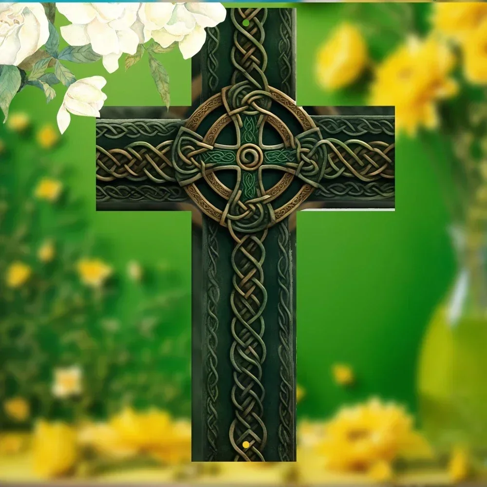 Metal Rustic Green & Golden Celtic Knot Metal Cross Wall Art - 8x12 Inch Farmhouse Style Metal Decor for Indoor/Outdoor Deocr