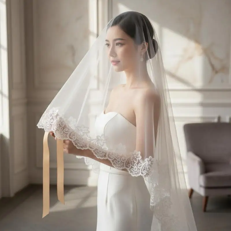 New Veil Short Wedding Veil For Simple Style Wedding Accessory Single-Layer Lace Short Veil 1.35 X 1.1 Meters