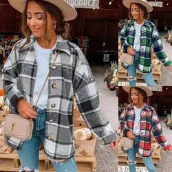 Autumn and winter street style European and American long-sleeved lapel loose plaid shirt mid-length coat