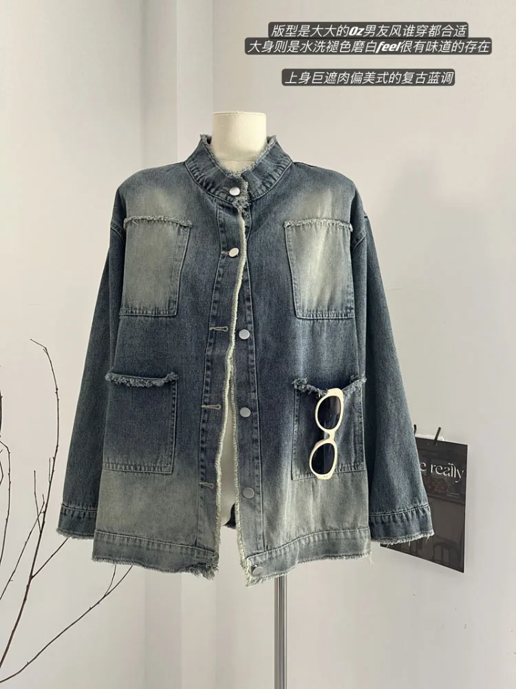 Jaket Denim Vintage wanita, jaket Denim gaya jalanan warna gradien, mantel desain