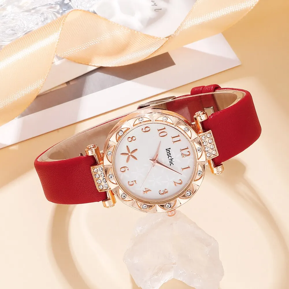 6PCS Set Red Luxury Quartz Watch Women Ring Necklace Earring Rhinestone Fashion Wristwatch Casual Ladies Bracelet Watches