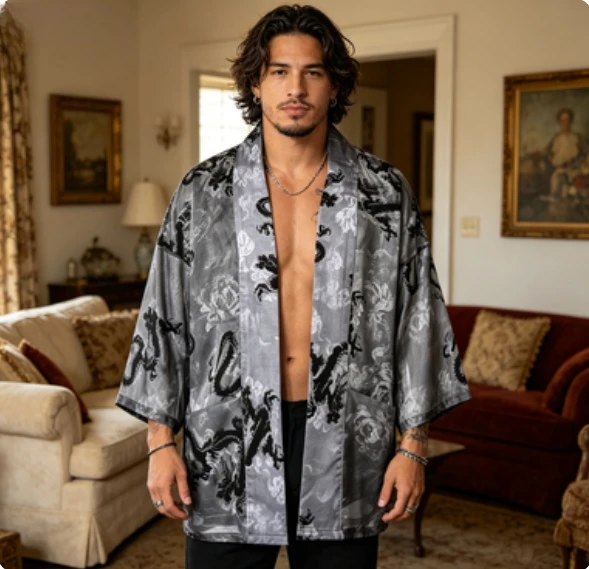 Men's Chinese Style Dragon Print Kimono Cardigan, Summer Lightweight Sheer Sunscreen Haori Jacket