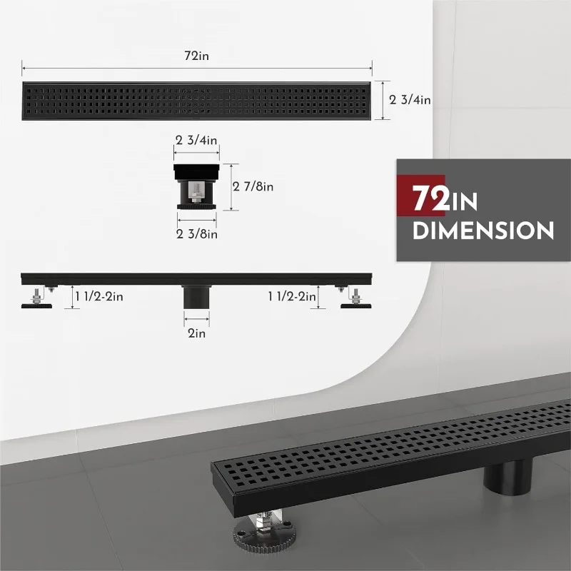 72 Inch Shower Linear Black Drain Rectangular Floor Drain with Accessories Square Hole Pattern Cover Grate Removable