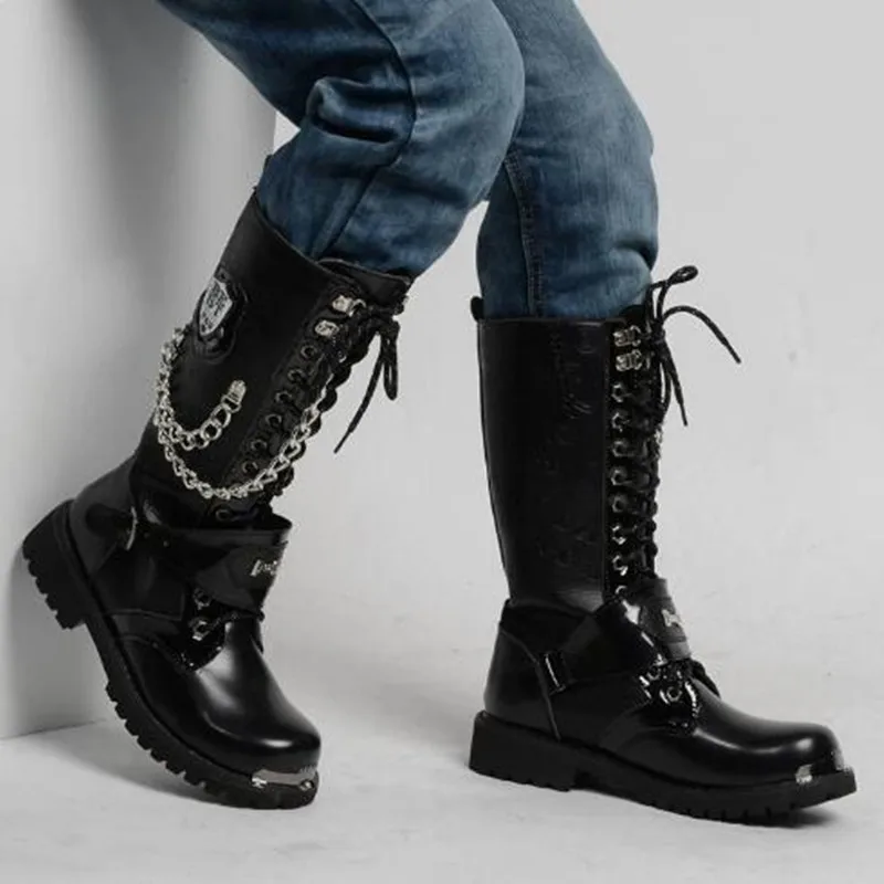 Men Fashion Motorcycle Boots Mid-calf Breathable Combat Boots Gothic Belt Punk Botas Hombre Shoes Hightop Casual Steel Toe Shoes view 4