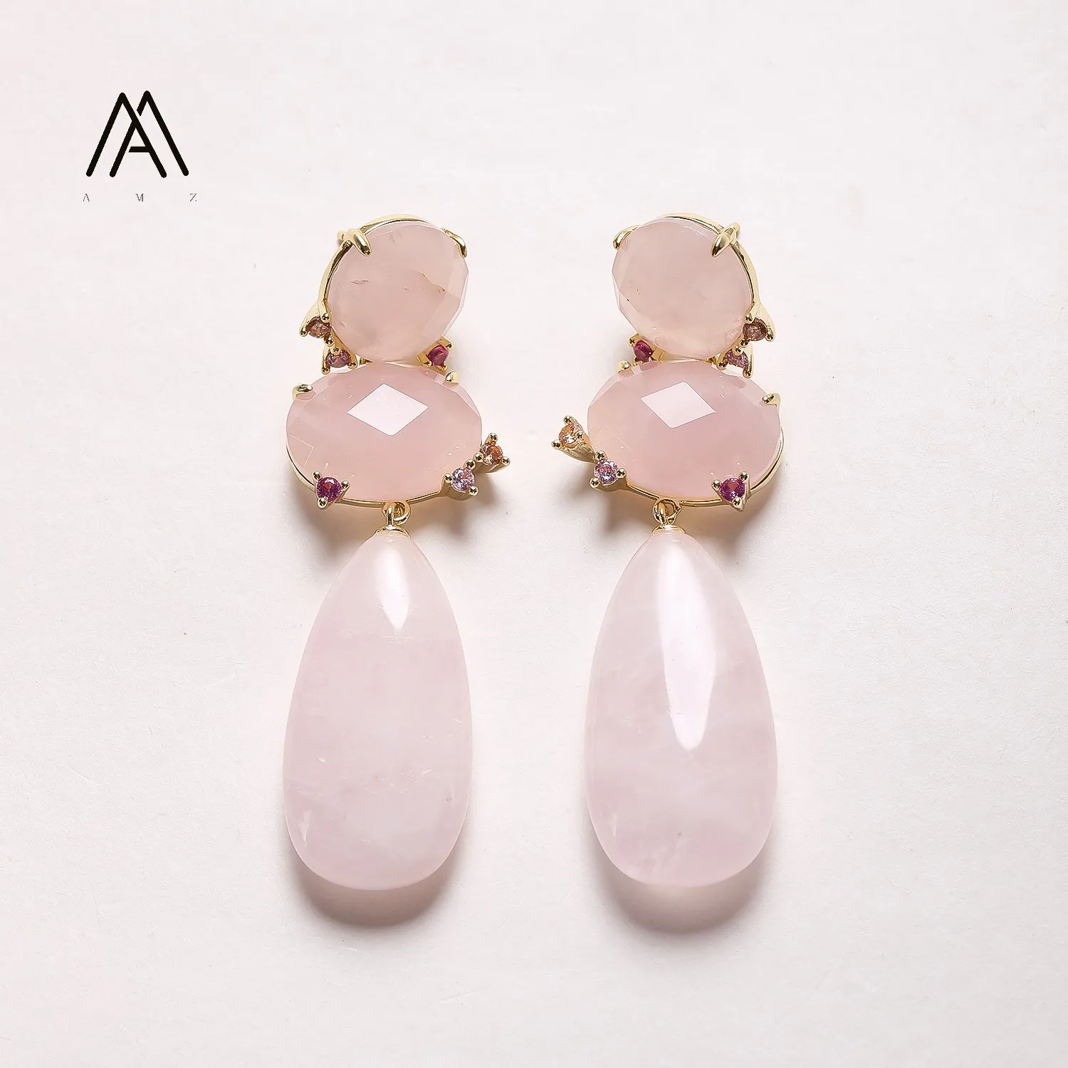 Natural Stone Earrings with CZ Setting 3-Tier Drop Dangle Earrings for Women Gorgeous Wedding Party Statement Jewelry Gift