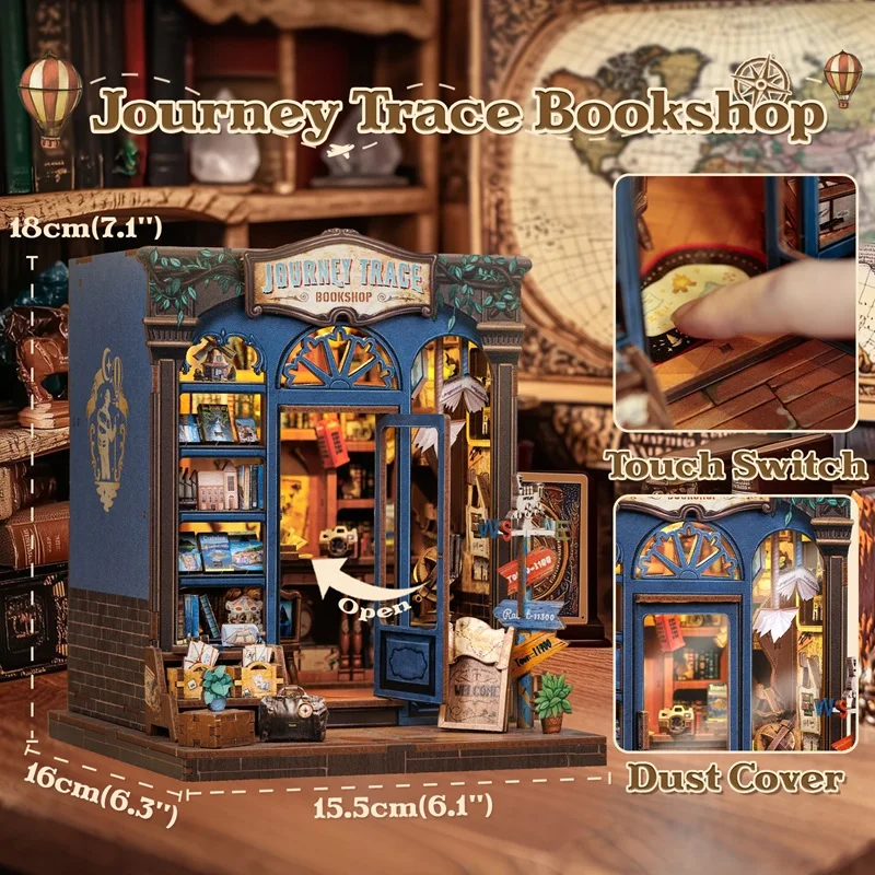 CUTEBEE 'Journey Trace' DIY Wooden Book Nook Kit 3D Puzzle with LED Lights for Adults Intricate Bookshelf Insert Model to Build