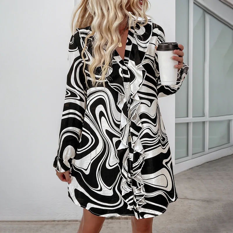 Short Dress Women Shirt Dresses A Line Vestidos Streetwear V Neck Full Sleeve Print Ruffles Elegant Splice Y2k Work 2025