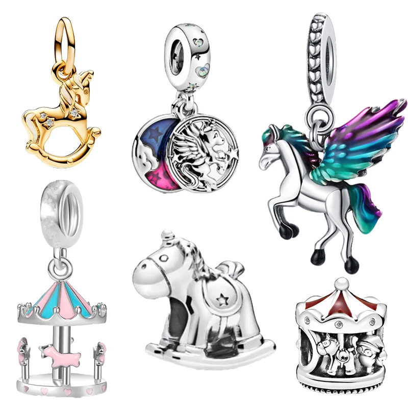 Hotsale fino carrossel cavalo pingente voando cavalo charme contas caber original 925 prata esterlina pandora pulseira diy jóias femininas