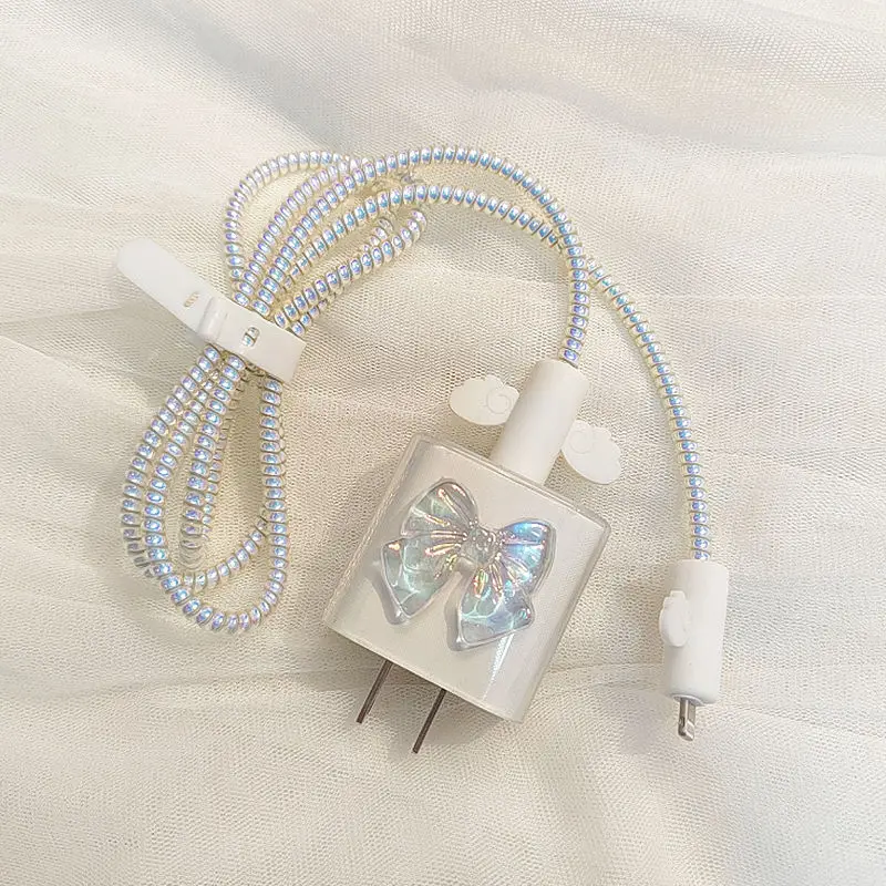 For Apple Iphone 18W/20W Adapter Charger Case Data Cable Protector Charging Head Shell Cute Colorful Bow Cable Line Sleeve Set