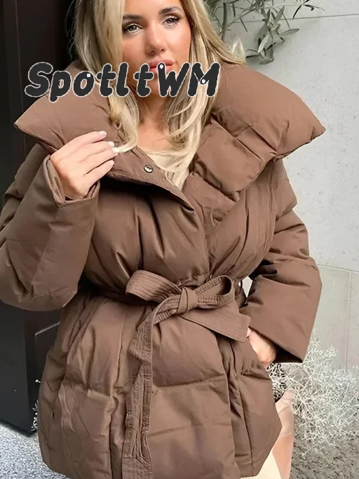 Women's Lapel Collar Belted Puffer Jacket Solid Long Sleeve Loose Waist‑tied Warm Winter Thick Casual Lady Commute Outerwear