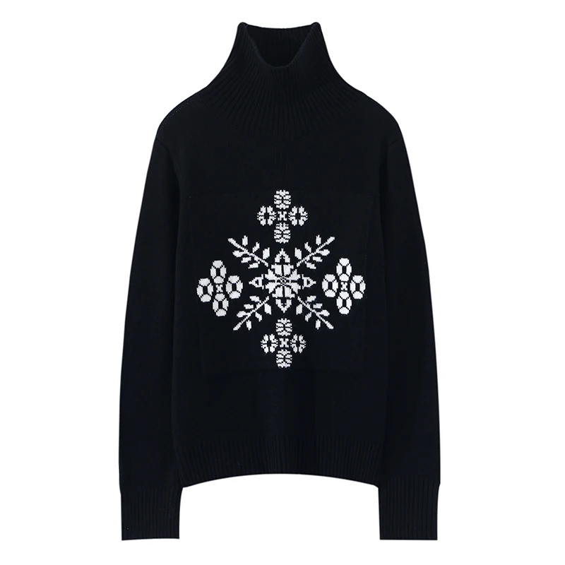 New 100% Pure Wool High Neck Knit Sweaters Autumn/Winter Vintage Loose Fit Snowflake Pattern Pullover Chic Streetwear for Women